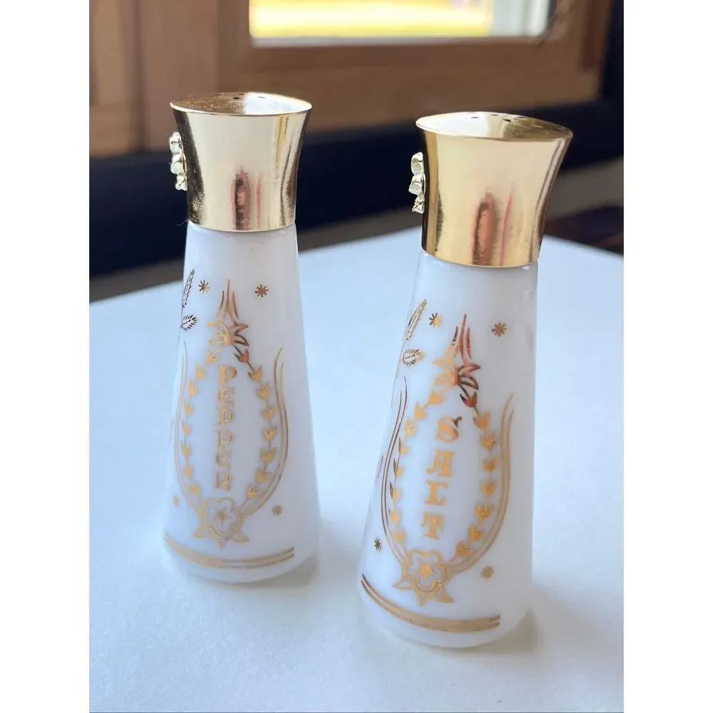 VTG Milk Glass Salt Pepper Shakers Religious Jesus Mary Gold Foil Set